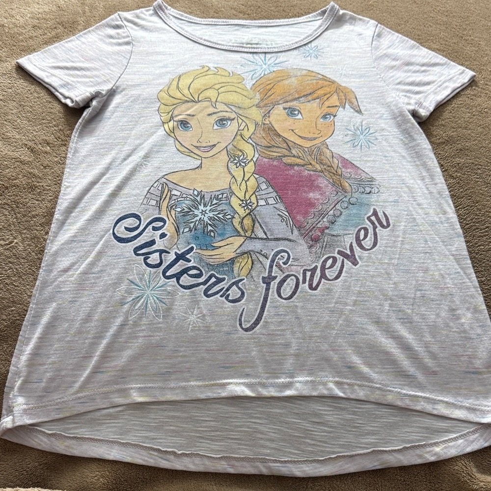 Disney Frozen Princess Sisters Forever Shirt- White with Heathered Rainbow Print